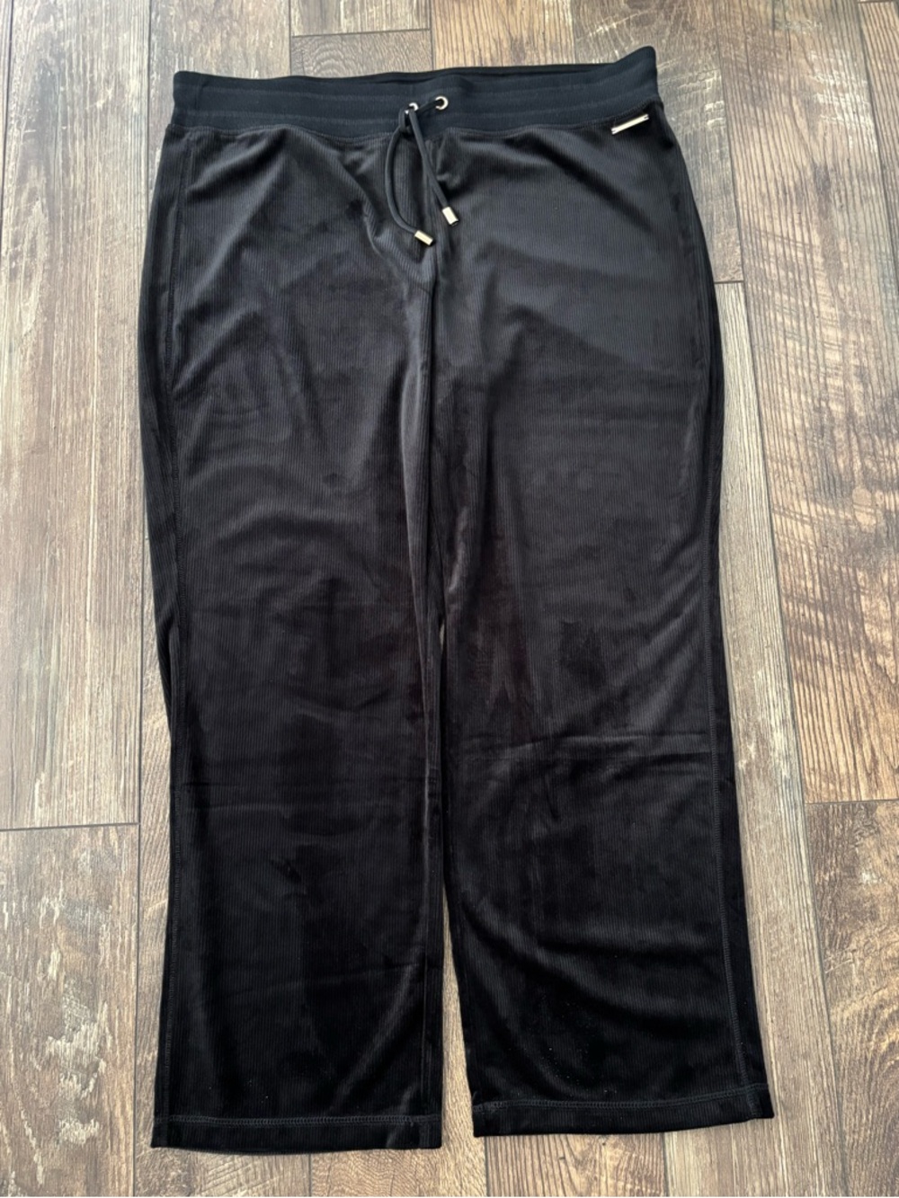 Halston Heritage Black Ribbed Velour Athleisure Pants with Gold Logo, Size XXL